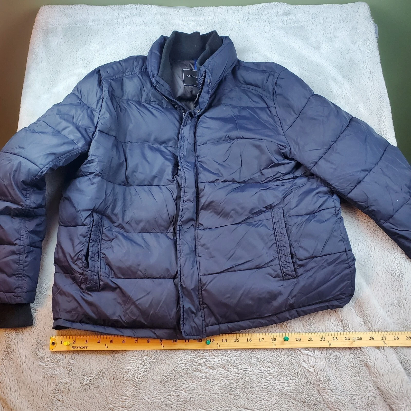 Andrew Marc Puffer Jacket Mens XL Quilted Zip Snap Front Knit Collar Navy Blue