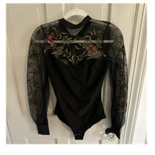 Thistle  Spire Sheer Embroidered Floral Mesh Bow Long Sleeve Bodysuit S