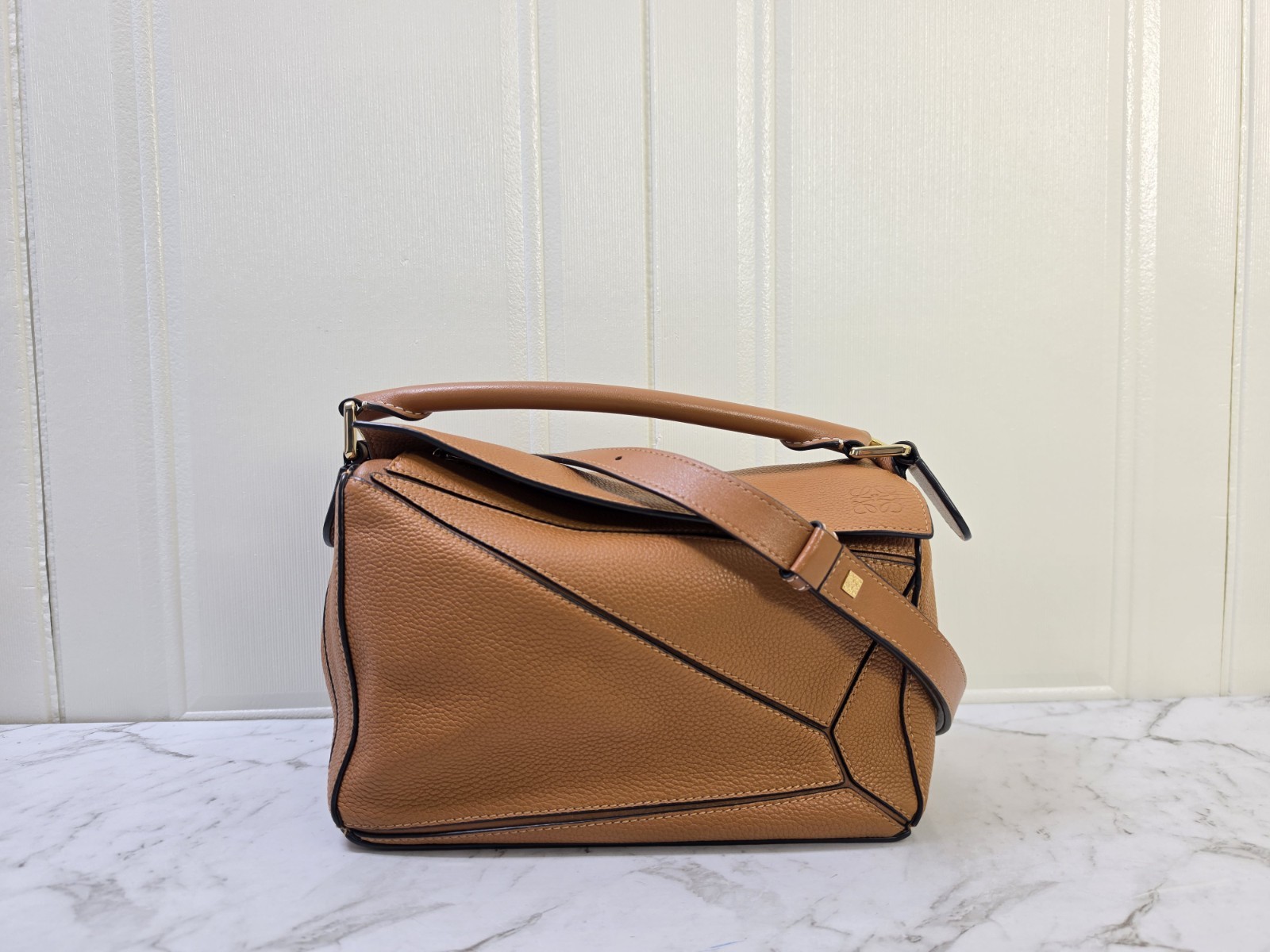 Authentic Loewe Puzzle Small Tan Grained Calfskin Leather 