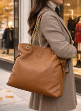 NEW Tory Burch Marion Bark Brown Pebbled Leather NS Large Slouchy Shopper Tote