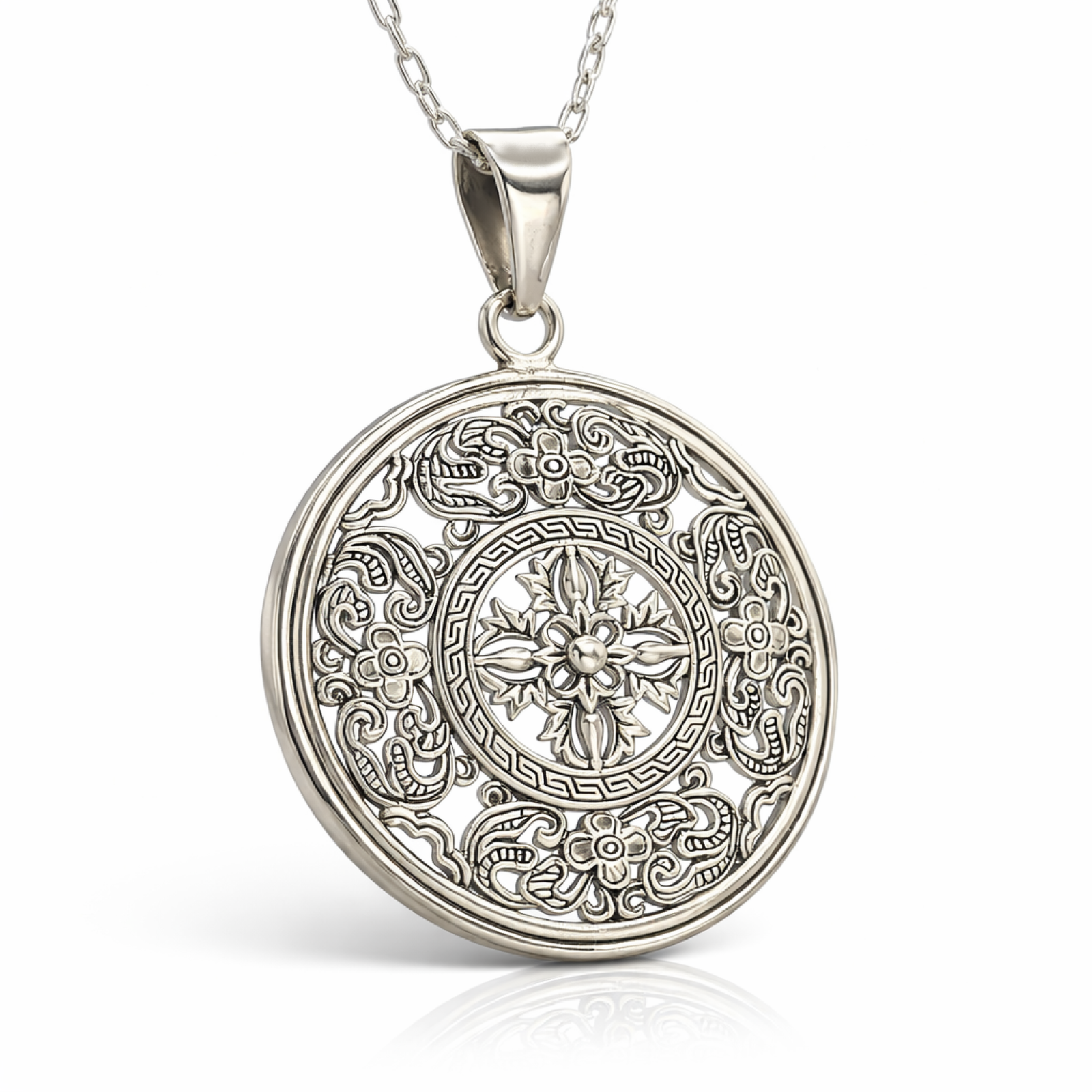 Mandala Double Dorje Pendant 925 Sterling Silver 24"" Necklace Amulet & Boxed