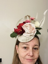 Hat Fascinator Derby Events Party OOAK Silver Base Pink Burgendy Flowers Leaves