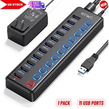 Powered USB Hub 11 Port: 10 USB 3.0 Data  1 Smart Charge, 12V/3A Power Adapter