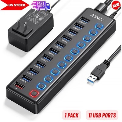 Powered USB Hub 11 Port: 10 USB 3.0 Data + 1 Smart Charge, 12V/3A Power Adapter
