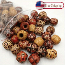 100Pcs Mixed Wooden Beads Pattern Charm Wood Beads Large Hole DIY Jewelry Making