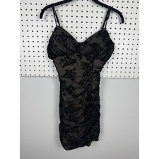 Windsor Black Flocked Floral Mesh Ruched Mini Dress Dark Coquette Goth L