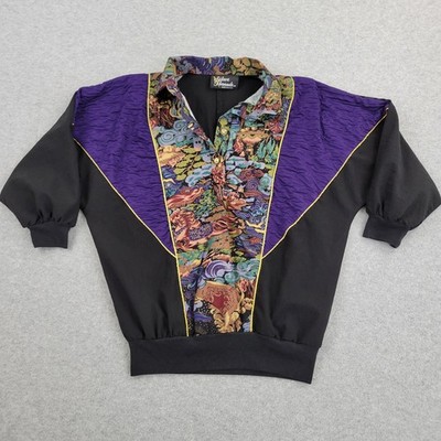 Silver Threads Polo Shirt Womens XL VTG 80s Floral Abstract USA Top 3/4 Sleeve