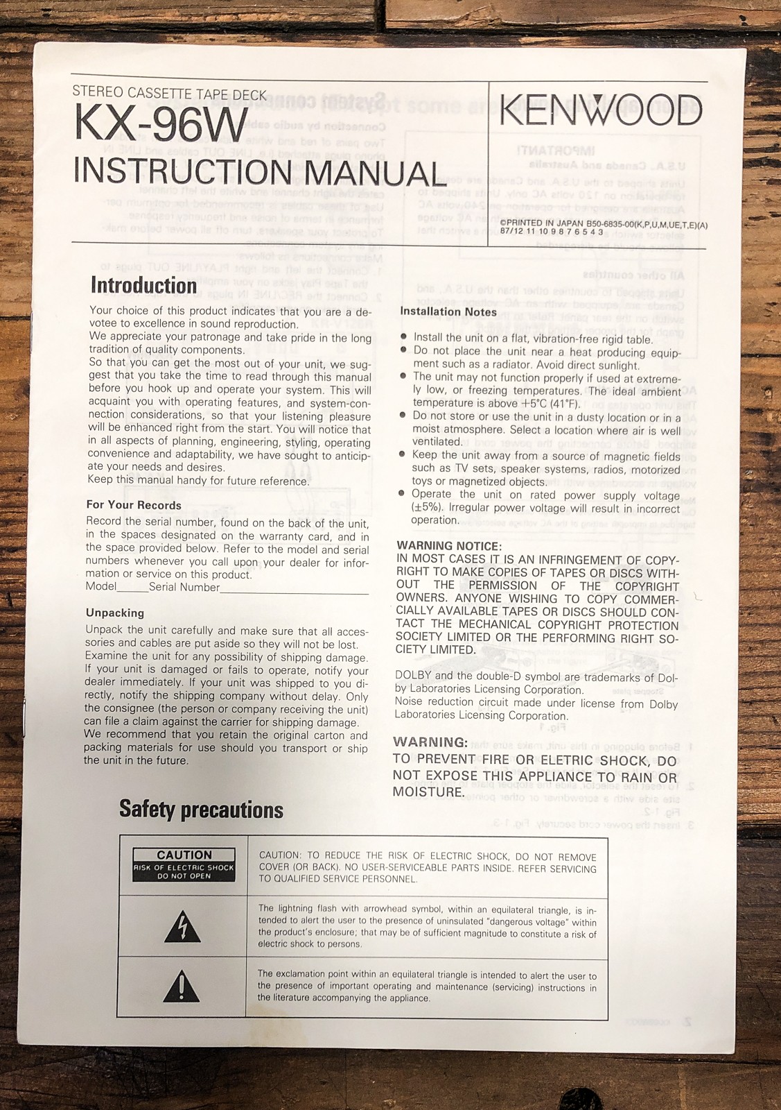 Kenwood KX-96W Cassette Owners / User Manual *Original*