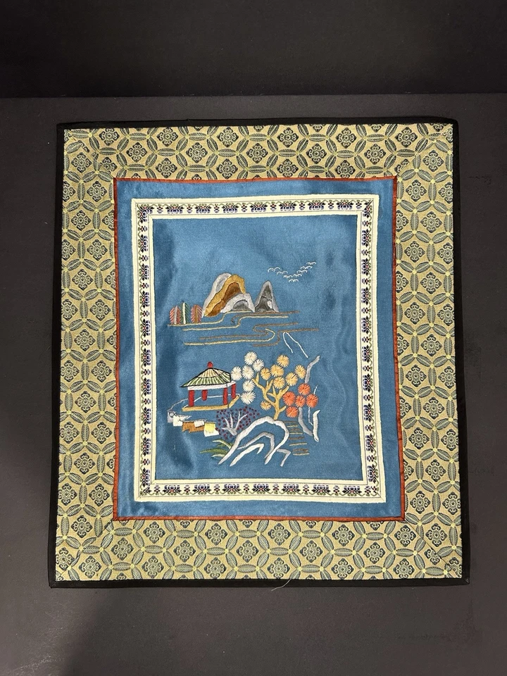 Two 1980s Chinese Silk Embroidery Panels Landscape Views 11"x10" Yellow And Blue - Image 4 of 4