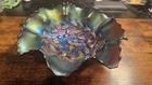 Antique Dugan Carnival Glass Cherries Footed Bowl Amethyst Iridescent Rffled Edg