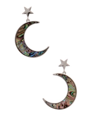 Star and Moon Earrings Silver-Tone Imitation Abalone Shell Pierced 1 7/8  Long