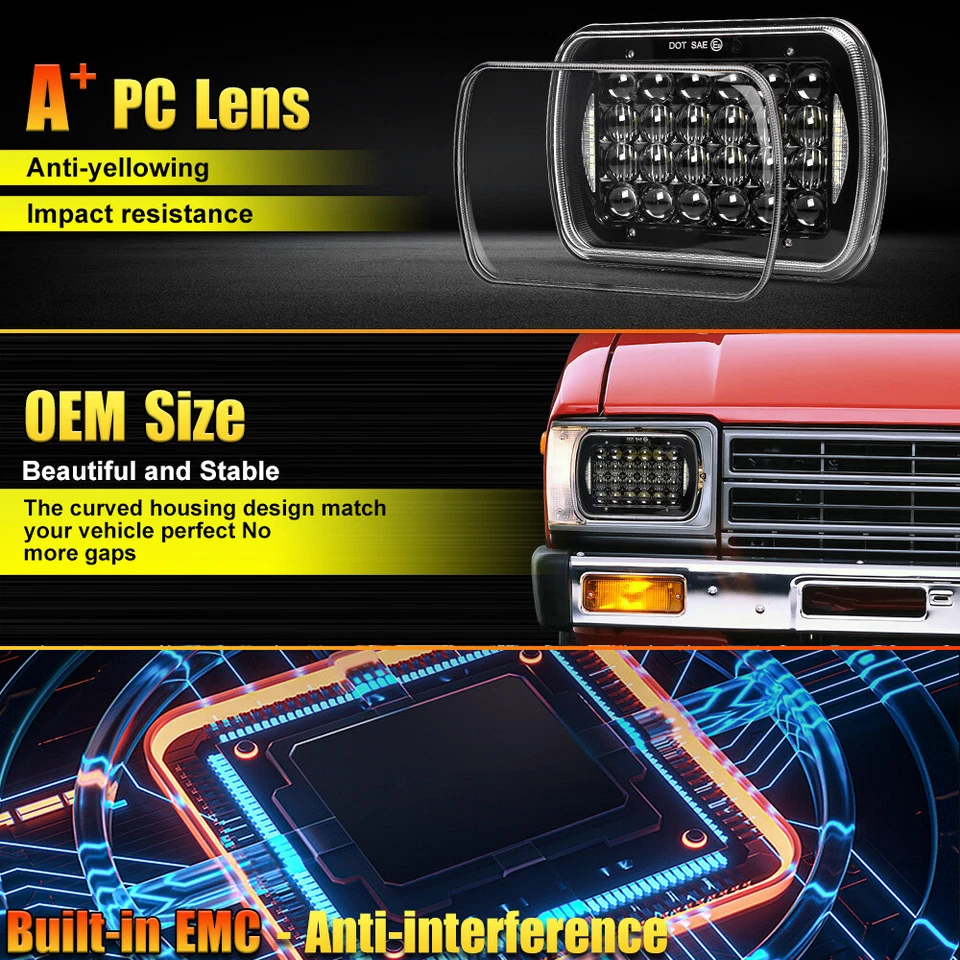 Black Pair 5x7" 7x6 Rectangle LED Headlights For Freightliner MT35/45/55 FL50/60 - Image 4 of 4