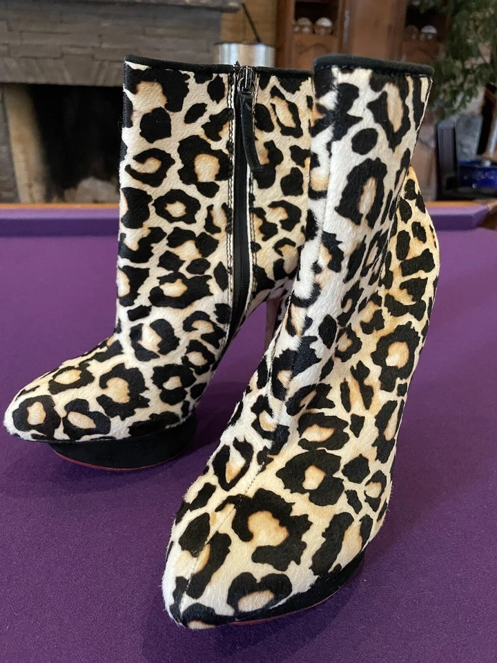 NUEVO CON ETIQUETAS L.A.M.B. Botines Piel Estampado Leopardo Cremallera Botas Plataforma Stiletto Crema Multi 8 Foto 2 de 4