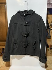 Look Coat Womens Pea Coat Studded Black Full Zip Hooded Small