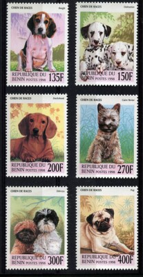 BEAGLE DALMATIAN DACHSHUND CAIRN SHIH TZU PUG DOG STAMP SET Benin 1999  MINT UK