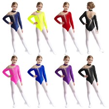 Kids Girls Bodysuit Figure Skating Leotard Mesh Patchwork Jumpsuit Competition
