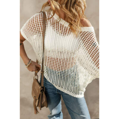 Openwork Round Neck Half Sleeve Knit Cover Up