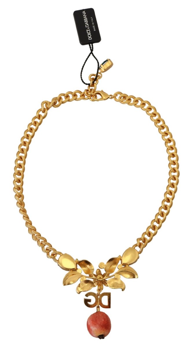 DOLCE & GABBANA Necklace Gold Brass Crystal Logo Fruit
