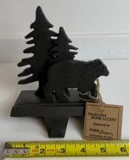 Cast Iron Stocking Hanger Holder Bear Pine Trees Christmas