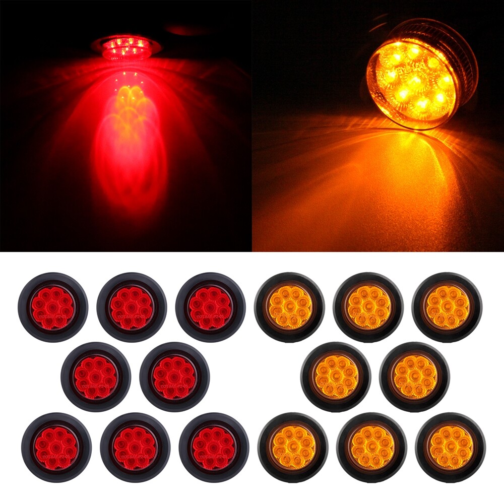 8xRed 8xAmber 2 Inch 9 LED Round Side Marker Trailer Lights with Grommet