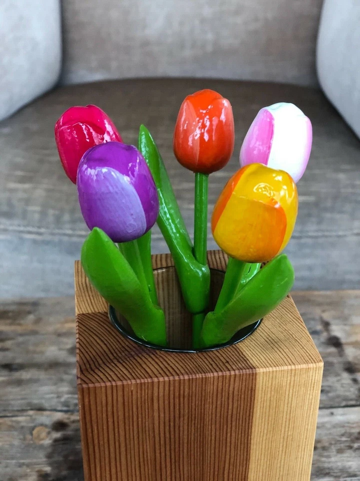 Tulipanes de madera, juego de 5 tulipanes de primavera, decoración de mesa de flores de 7,8"", madera hecha a mano F Foto 4 de 4