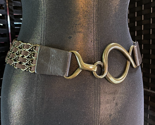 Vintage SUZI ROHER Dark BROWN STRETCH BELT Brass LINKS Medium 30-34" Waist Fit