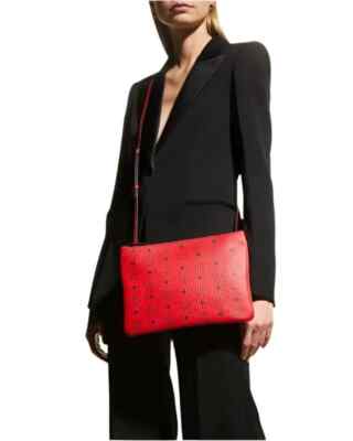 MCM Logo Aren Crossbody Pouch clutch Medium Bag in Visetos, Candy Red NWT