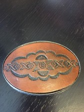 Leather Tooled Belt Buckle Flowers Design Looks Older AV on the Back