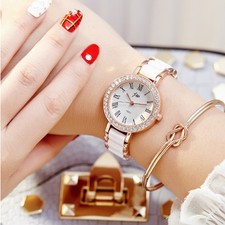 Rose Gold White Ceramic Rhinestone Oval Watch Roman Dial Quartz