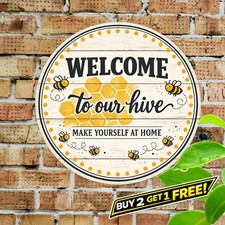 Farmhouse Home Sweet Home Bee Metal Wall Sign Honey Rustic Decor 8x8