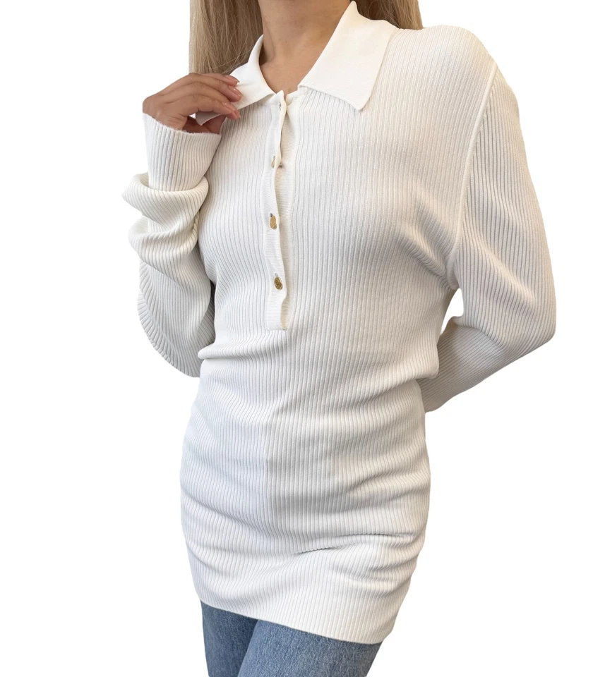 HERMES Vintage Logo Clou de Selle Button Ribbed Knit Polo Top #M White Viscose - Image 2 of 4