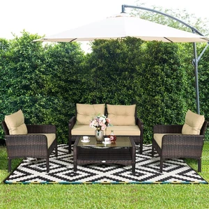 4PCS Patio Rattan Furniture Set Loveseat Sofa Coffee Table Garden W/ Cushion