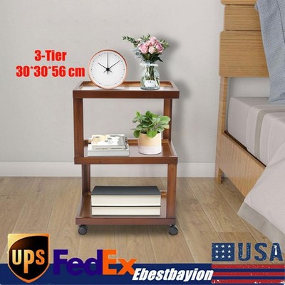 3-Tier Dark Brown Wood Nightstand End Table for Small Spaces with Open Storage