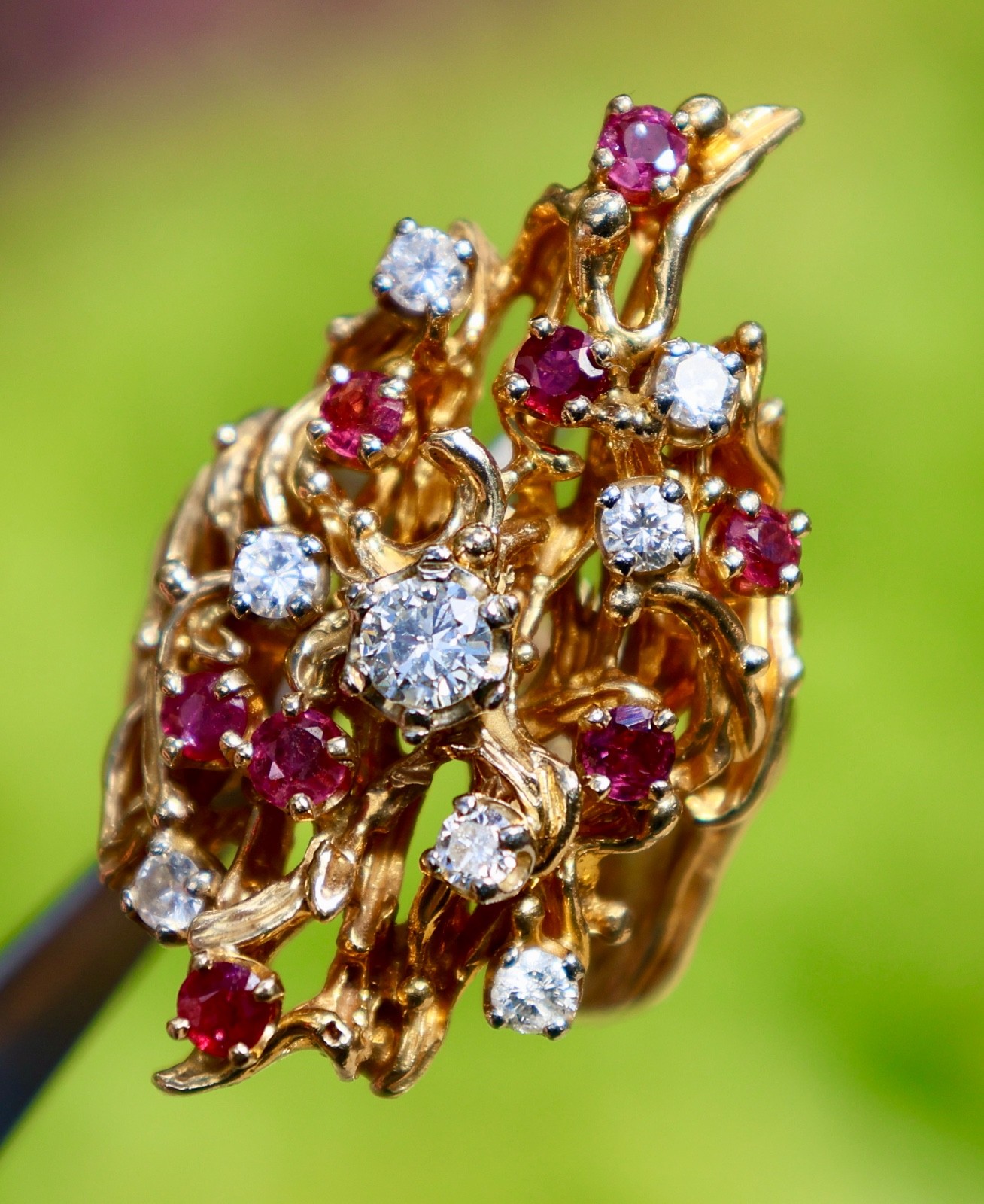 14K 585 SOLID YELLOW GOLD RUBY DIAMOND CLUSTER AR… - image 9