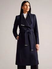 New with Tags Ted Baker ROSE Size 4 UK 14 Navy Blue Wool Midi Wrap Coat RRP £339