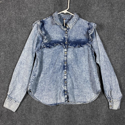 #ad Free People Shirt Womens Small Blue Acid Wash Denim Ruffle Button Front Top $23.74