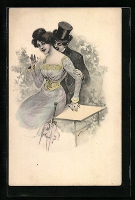 Artist postcard brothers Kohn B.K.W.I No. 719/1: Galan kisses neck of a lady 
