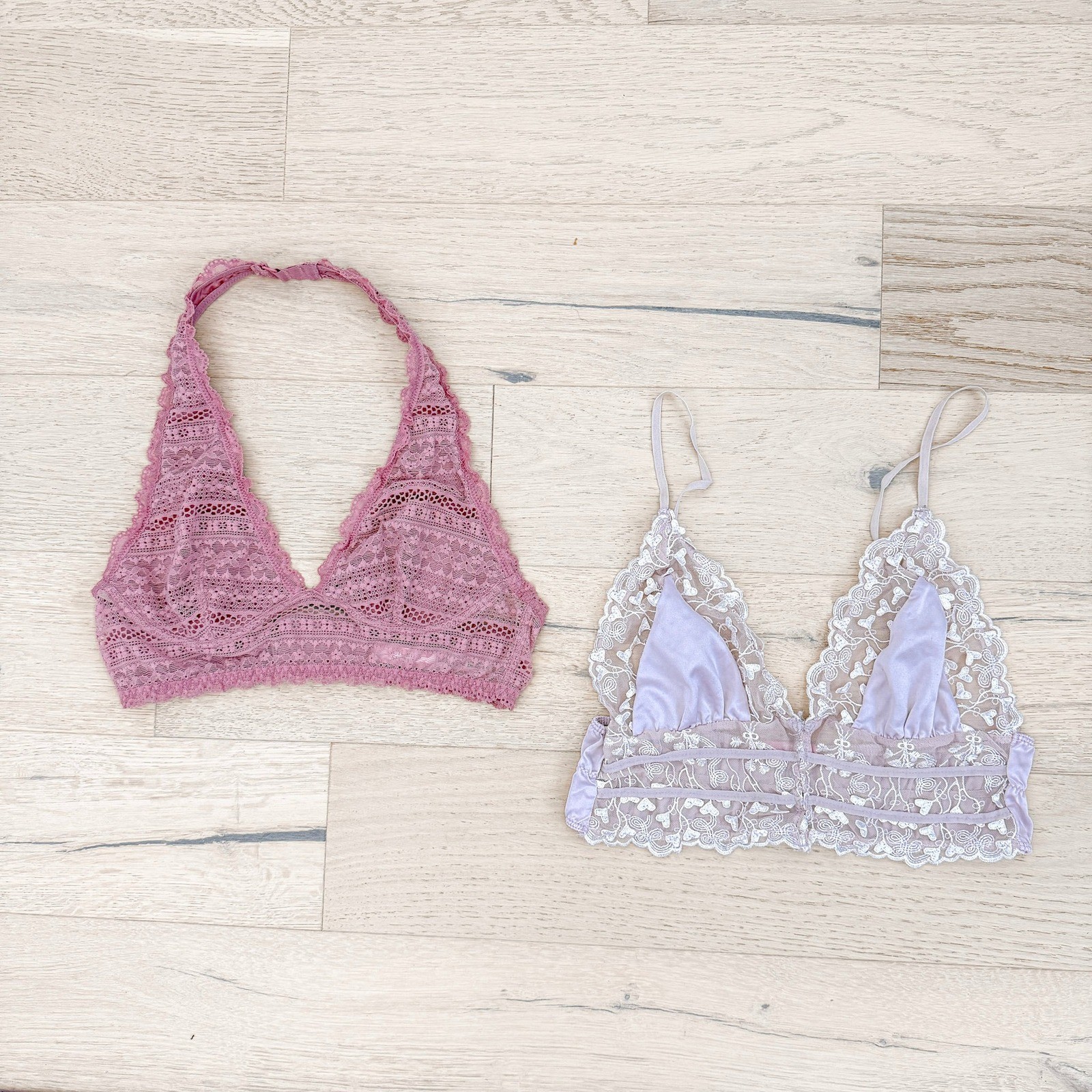 Lace Bralette Lot 2 Piece Size S Pink Purple Lavender Halter Coquette Loungewear-image