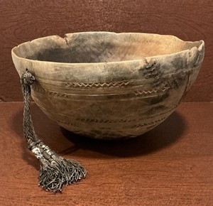 TUAREG/WEST AFRICA ~ ANT. WOOD FOOD PREP./STORAGE BOWL ~ 12 1/4”~ LEATHER HANDLE