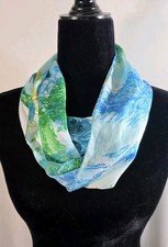 Infinity scarf, beautiful blue, green, white, leaf pattern, handmade