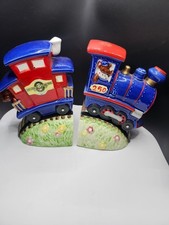 1985 Bialosky Teddy Bear Train Ceramic Bookends Vintage Collectible Pair
