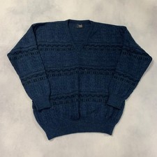 Vintage Knitted Jumper Abstract Patterned V-Neck Grandad Knit Sweater Men's L