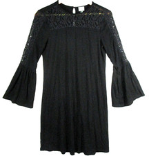 Cupio Womens Crew Neck Casual Mini Dress Lace Trim Bell Sleeve Size S Black