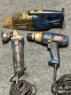 Lot of 3 Ryobi Tool Drill Angle Grinder Wet / Dry Vac Cordless And Corded Tested