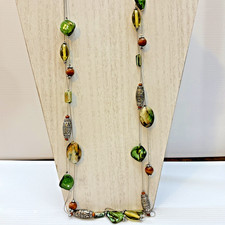 Multi-Strand Beaded Necklace Earth Tones Green Brown Silver Tone Accent Stones