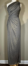 Tadashi Shoji One Shoulder Silver Metallic Ruched Dress Small Long ELEGANT