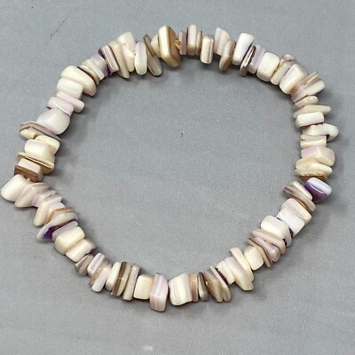 Mother of Pearl Bracelet Ivory Purple Chip Beads Elastic Stretch Boho Beach 7''