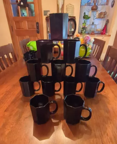 Vintage ARCOROC France OCTIME Black Glass Coffee Mug ~ Set of Twelve (12)