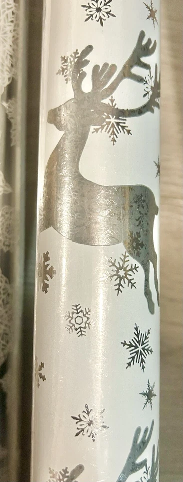 Christmas Gift Wrap Paper Roll Snowflake Reindeer White Silver Lot of 3 New - Image 4 of 4