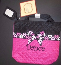 NWT Quilted Dance tote Hearts embroidered w/ Name Tag Rasberry black zipper top